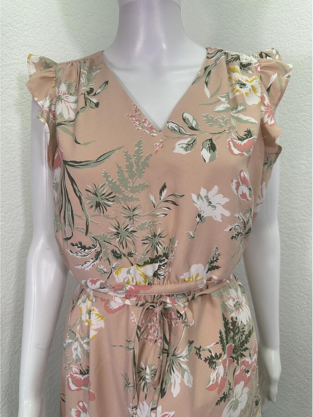 New Sz M Loft Pink Floral Dress Romantic Flutter Sleeve V-Neck Tie Waist - Picture 4 of 6